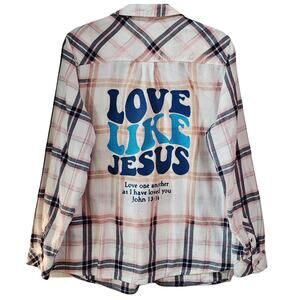 Love Like Jesus Custom Upcycled Christian Plaid Shirt, 2X